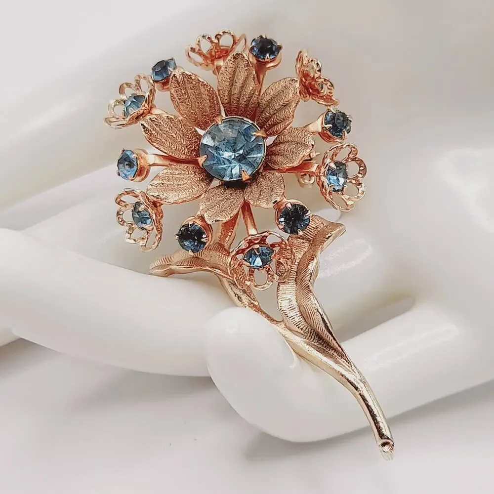 Vintage Blue Rhinestone Flower Brooch Gold Tone Floral Stem Pin